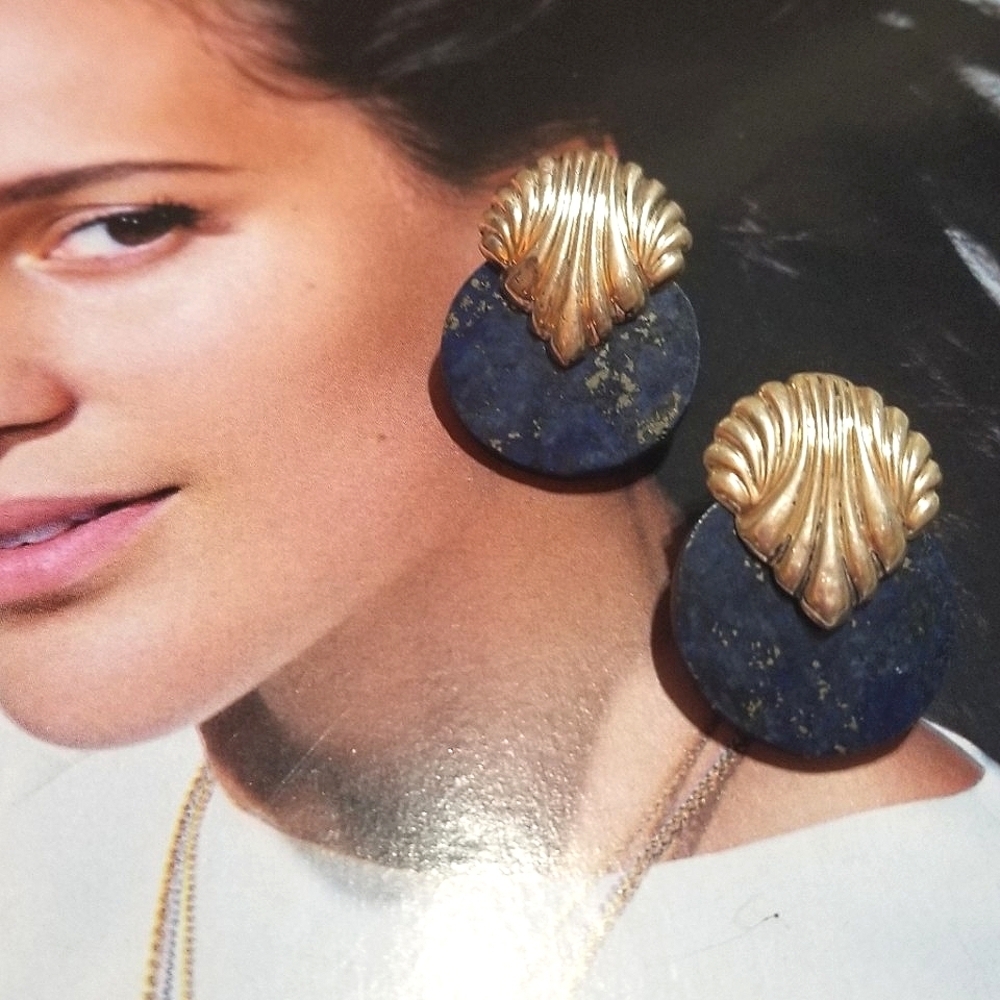 Art Deco Lapis Lazuli Sterling Silver Shell Motif Earrings